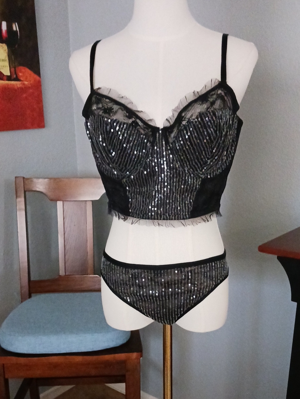 NEW!! 3 PC Black Sequin Lace Bustier Set - Women Intimates & Sleepwear